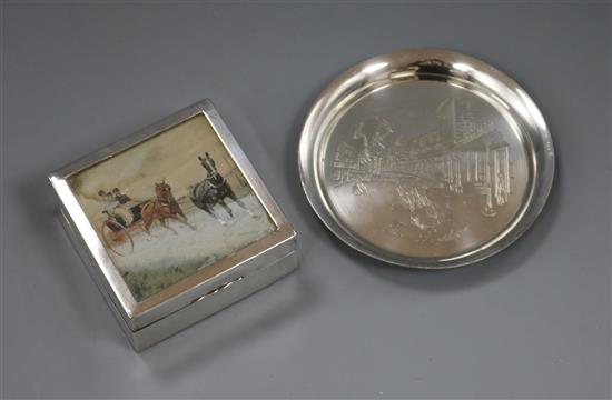 A silver cigarette box and four silver dishes/coasters.